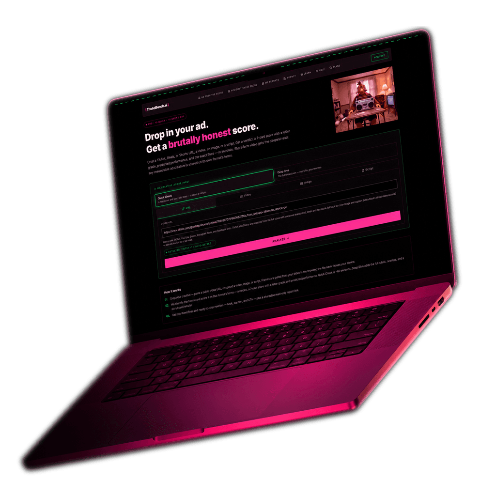 TheAdBench.AI dashboard on a laptop screen
