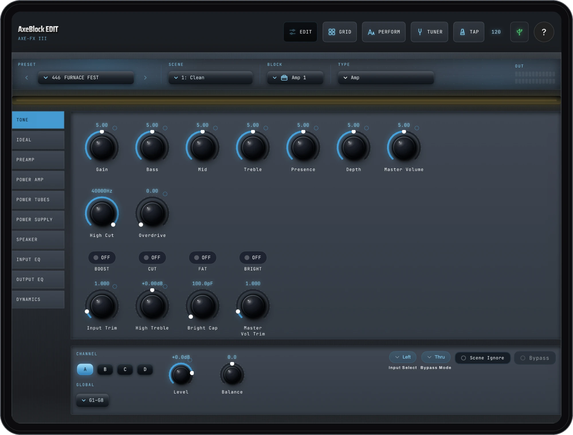 AxeBlock EDIT on an iPad — the Amp block editor