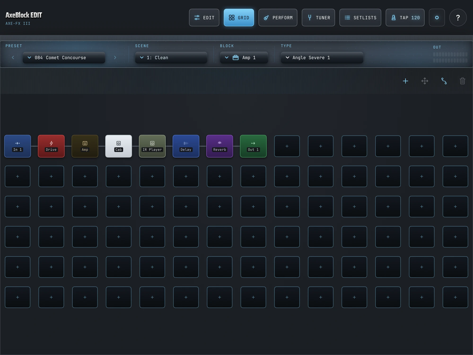 AxeBlock EDIT on iPad: the routing grid, In 1 through Drive, Amp, Cab, IR Player, Delay, Reverb to Out 1