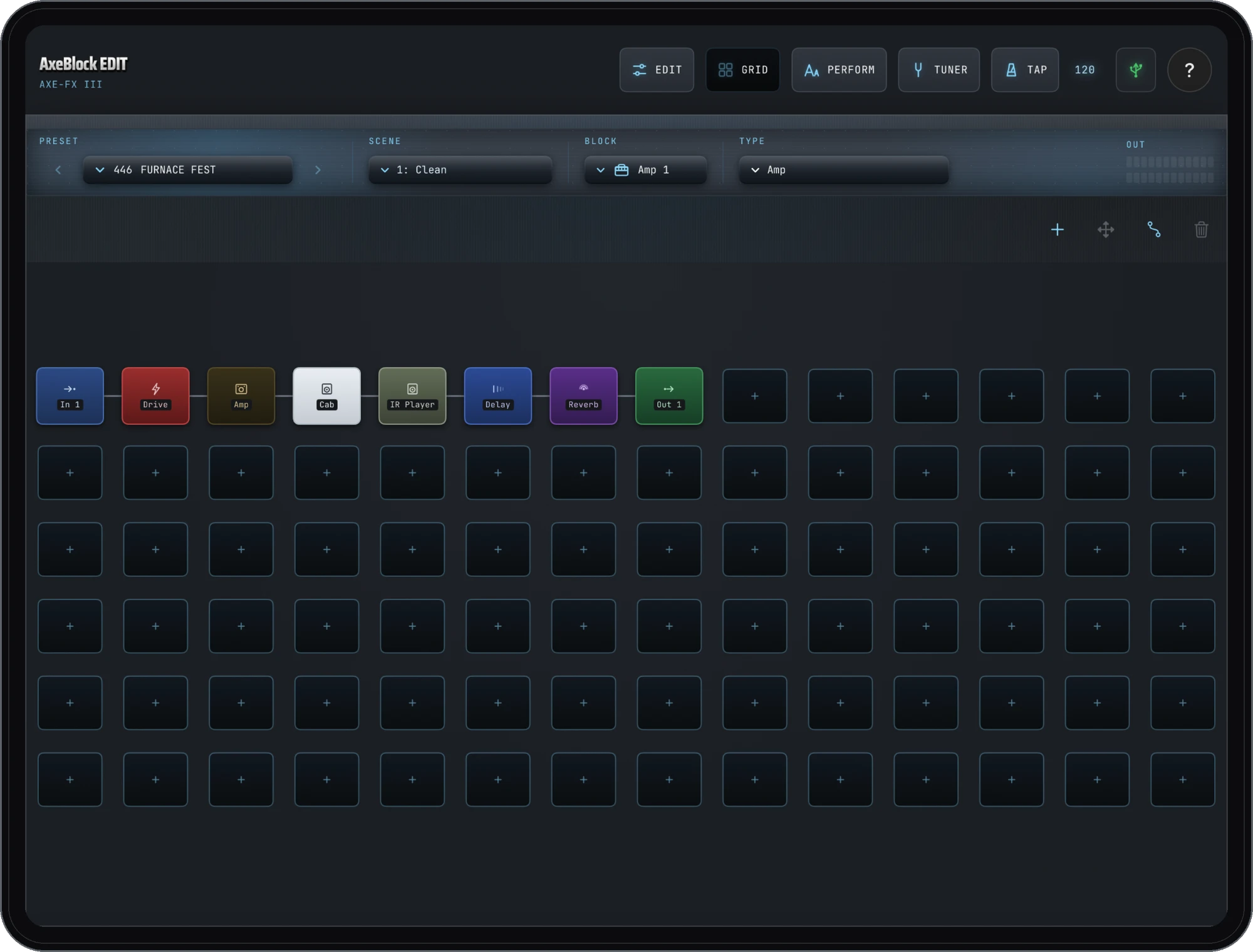 AxeBlock EDIT on iPad: the routing grid, In 1 through Drive, Amp, Cab, IR Player, Delay, Reverb to Out 1