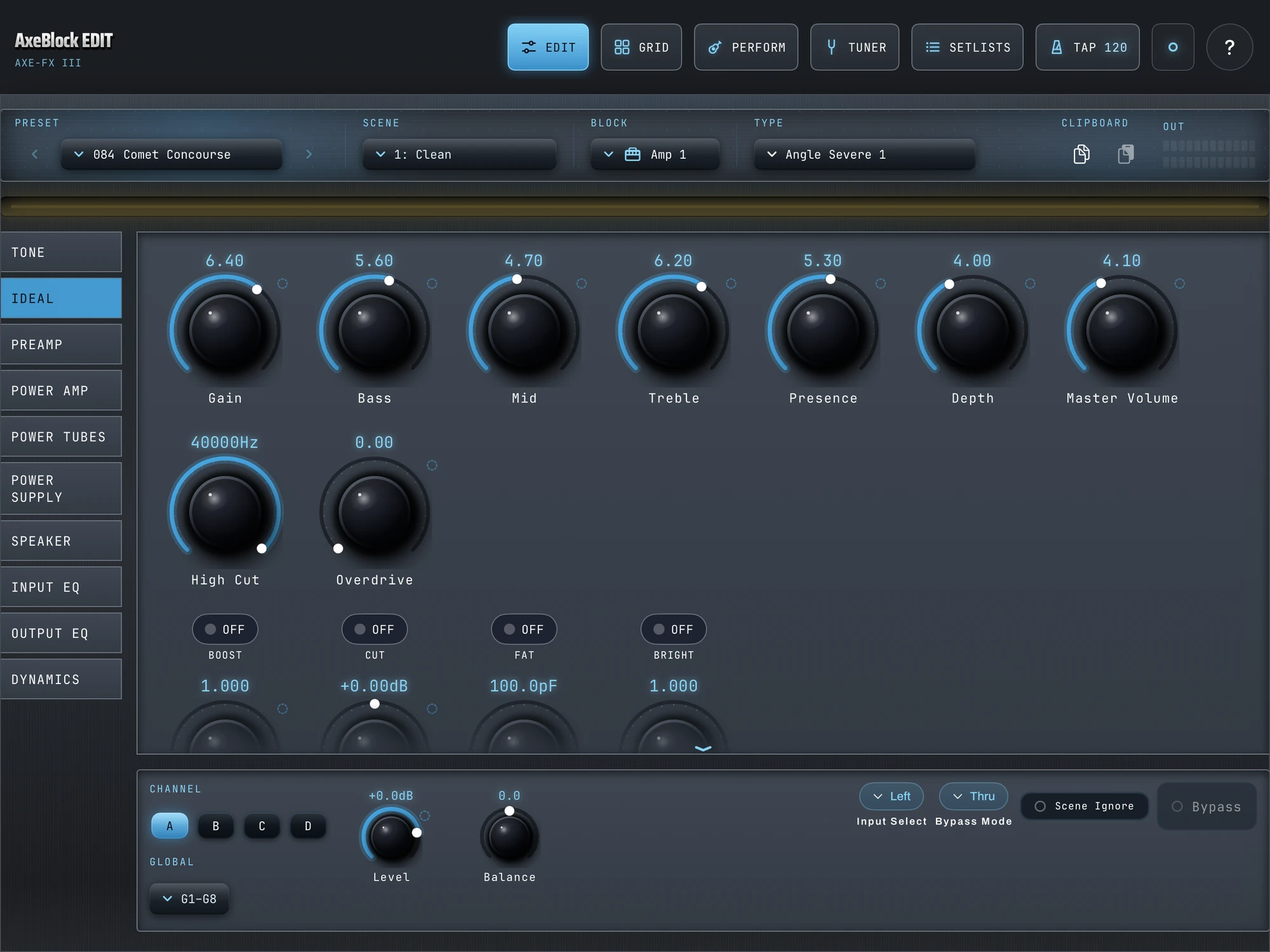 AxeBlock EDIT on iPad showing the Amp block editor on the Ideal page: preset and scene bar, channel A–D switcher, and the amp knobs.