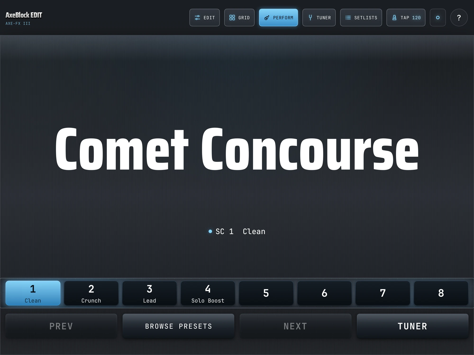 AxeBlock EDIT on iPad: Perform view with the preset name large and eight scene buttons