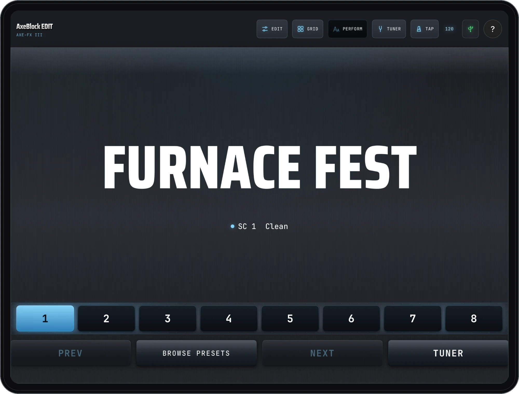 AxeBlock EDIT on iPad: Perform view with the preset name large and eight scene buttons