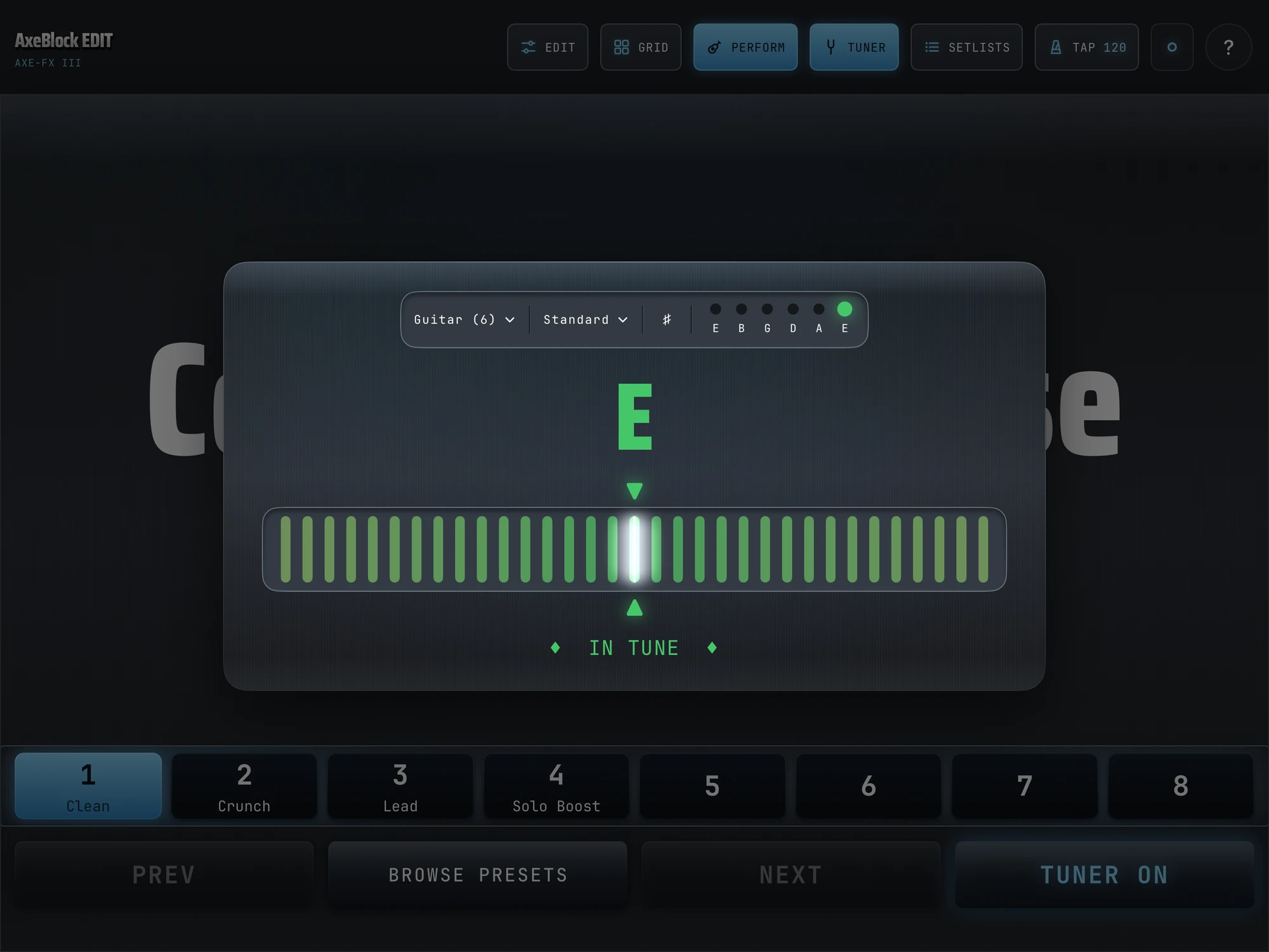AxeBlock EDIT on iPad: the tuner showing E, 8 cents flat
