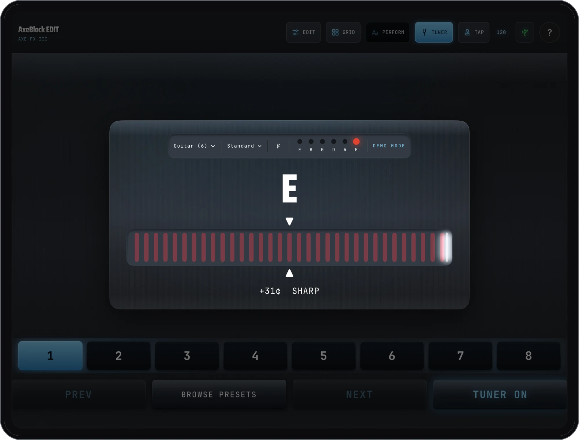 AxeBlock EDIT on iPad: the tuner showing E, 31 cents sharp