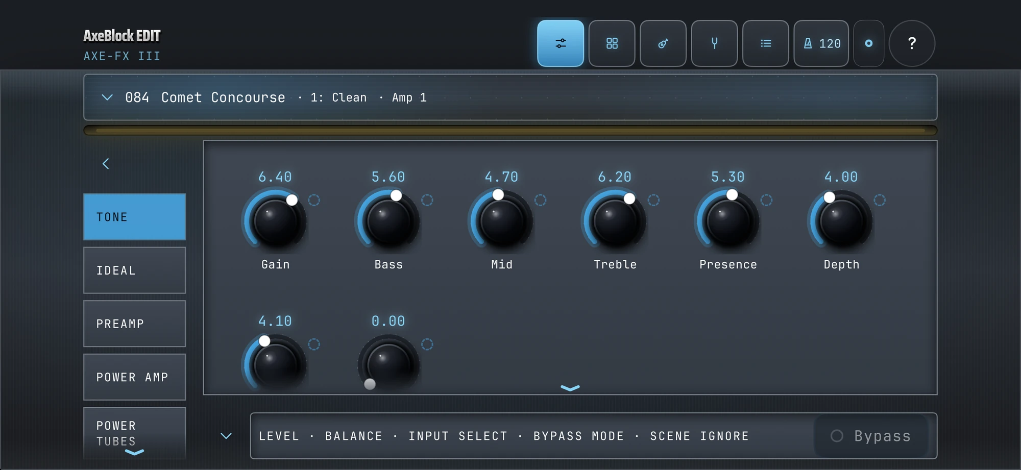 AxeBlock EDIT on iPhone: the Amp block editor with channel A to D and the Level and Balance knobs