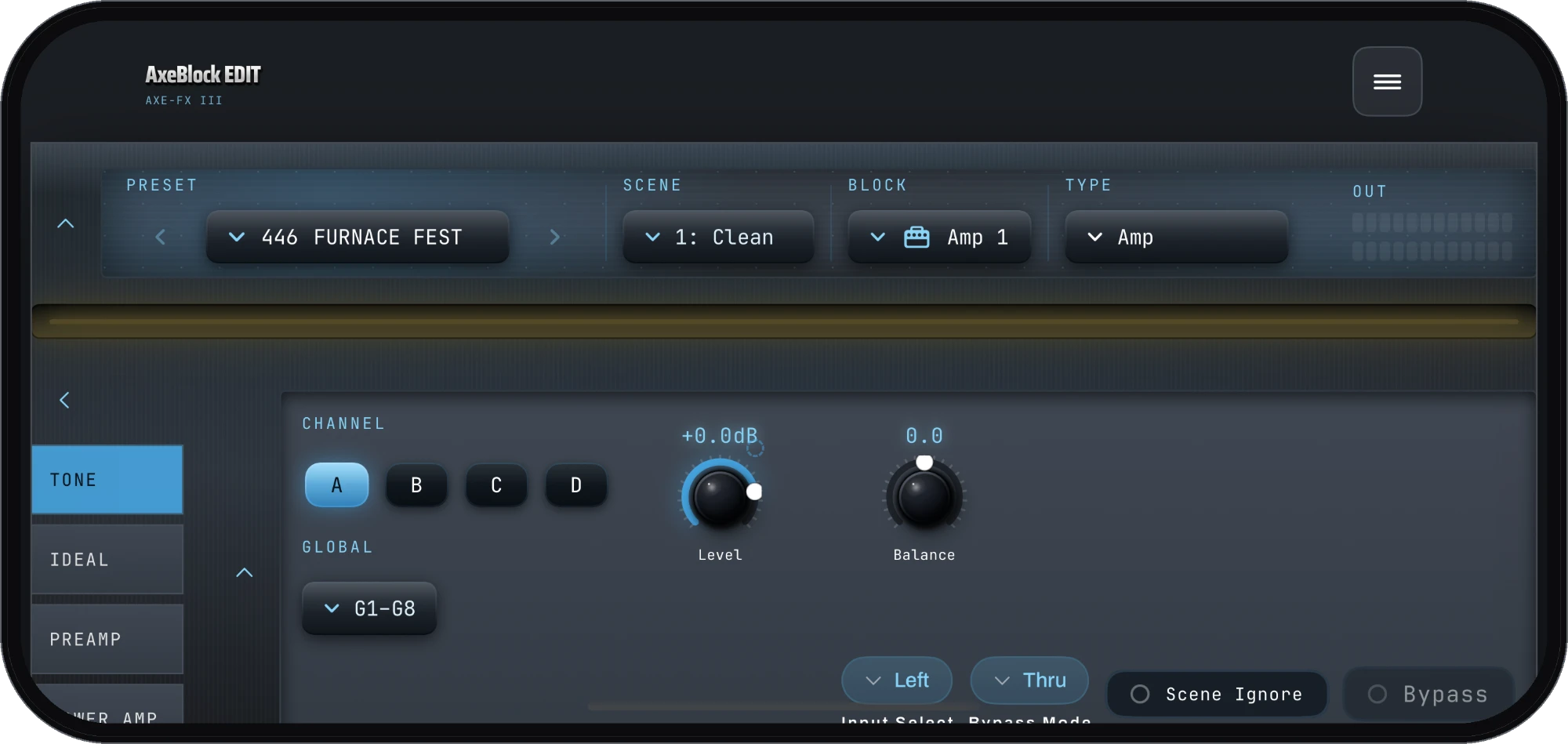 AxeBlock EDIT on iPhone: the Amp block editor with channel A to D and the Level and Balance knobs