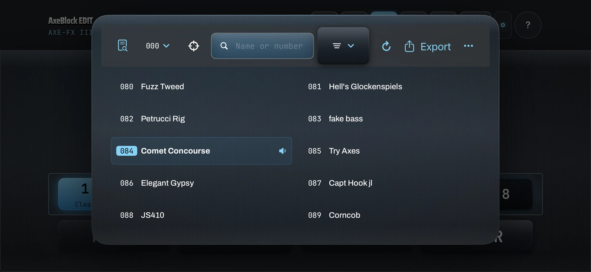 AxeBlock EDIT on iPhone: the Presets browser in two columns with Comet Concourse highlighted