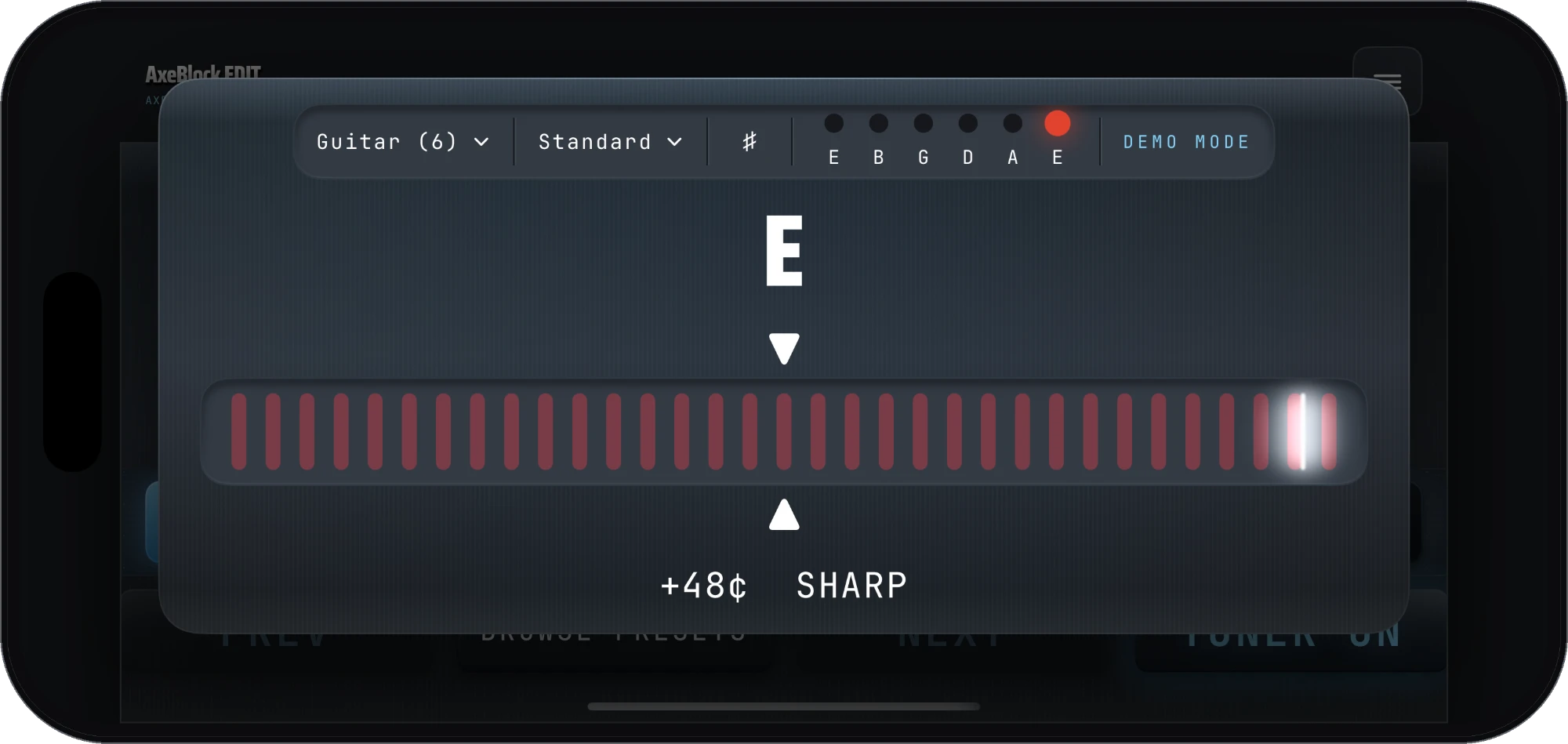 AxeBlock EDIT on iPhone: the tuner showing E, 48 cents sharp