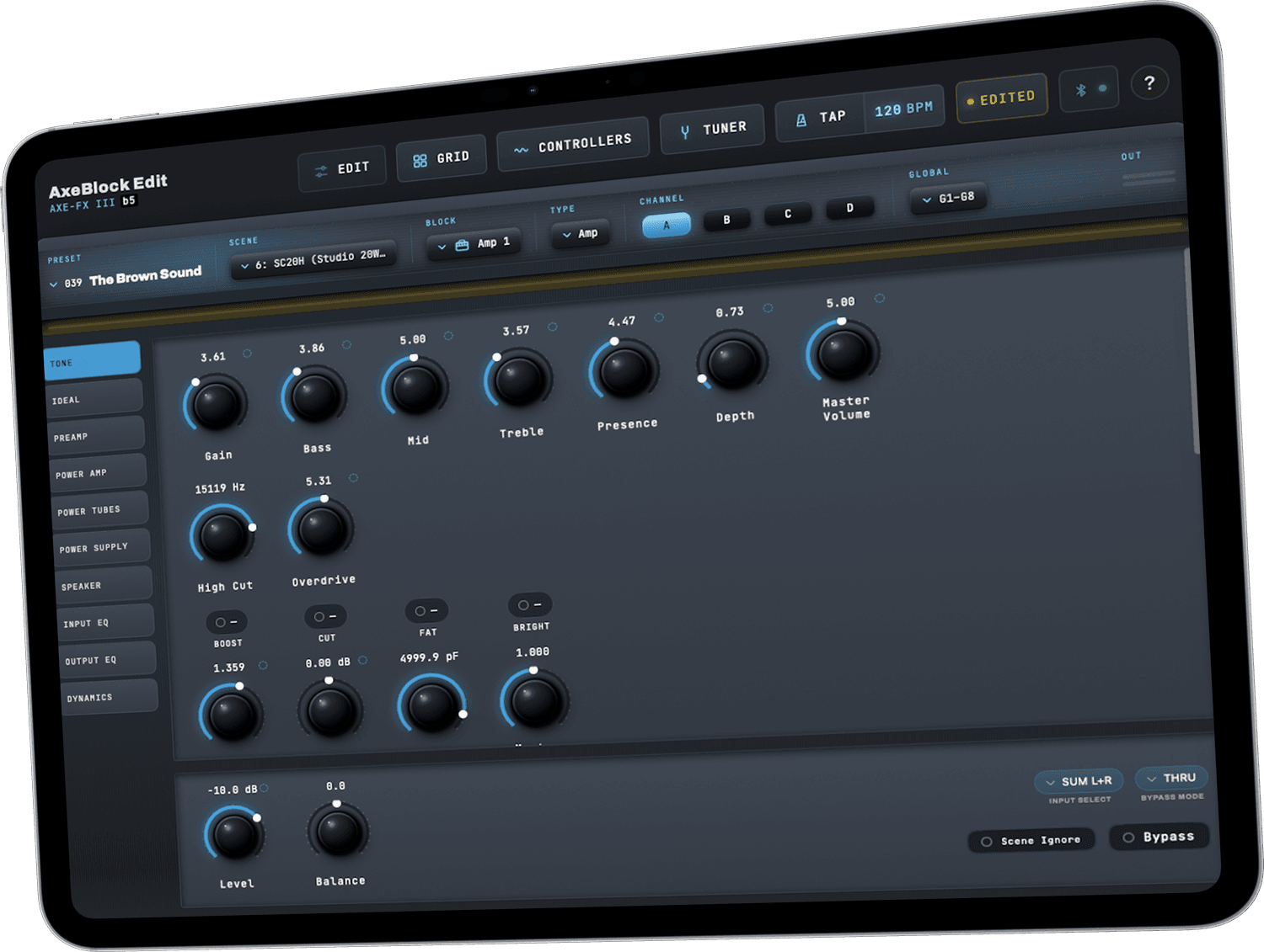AxeBlock EDIT on an iPad — the Amp block editor with the Tone page knobs