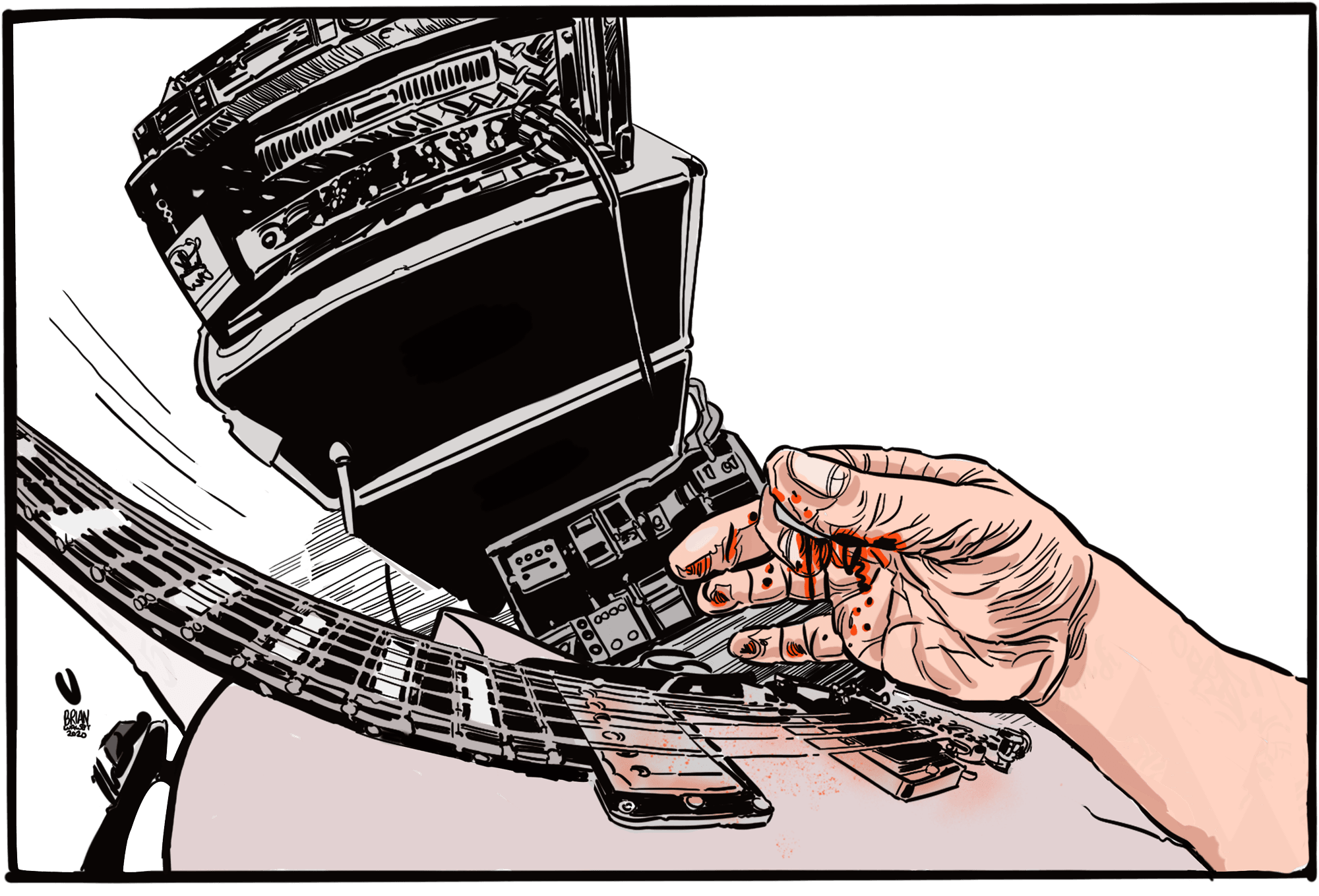 Bloody fingertips on guitar strings in front of a stack amp