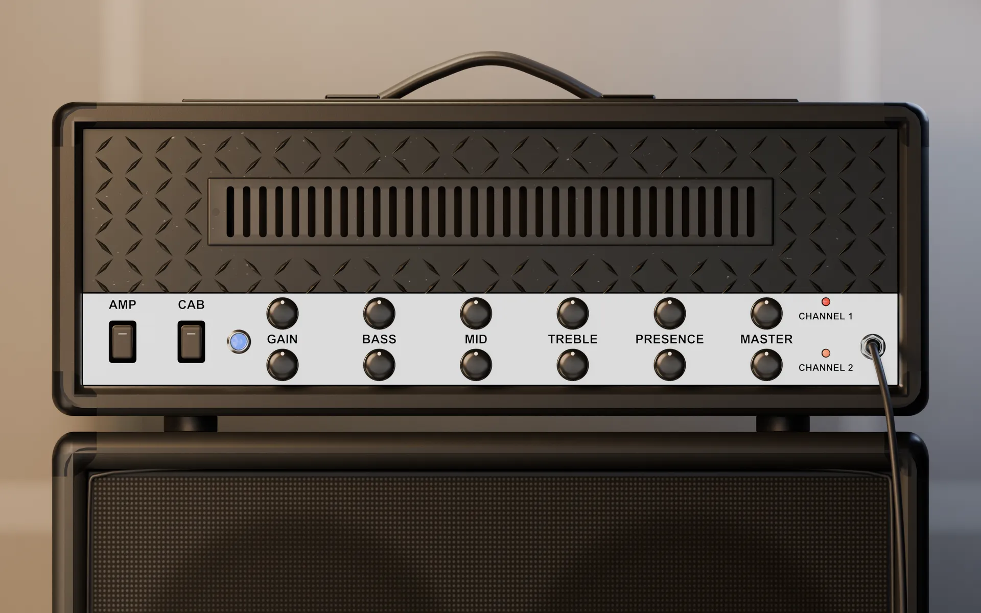 The rendered amp head: amp and cab switches, gain, bass, mid, treble, presence and master, two channel lights