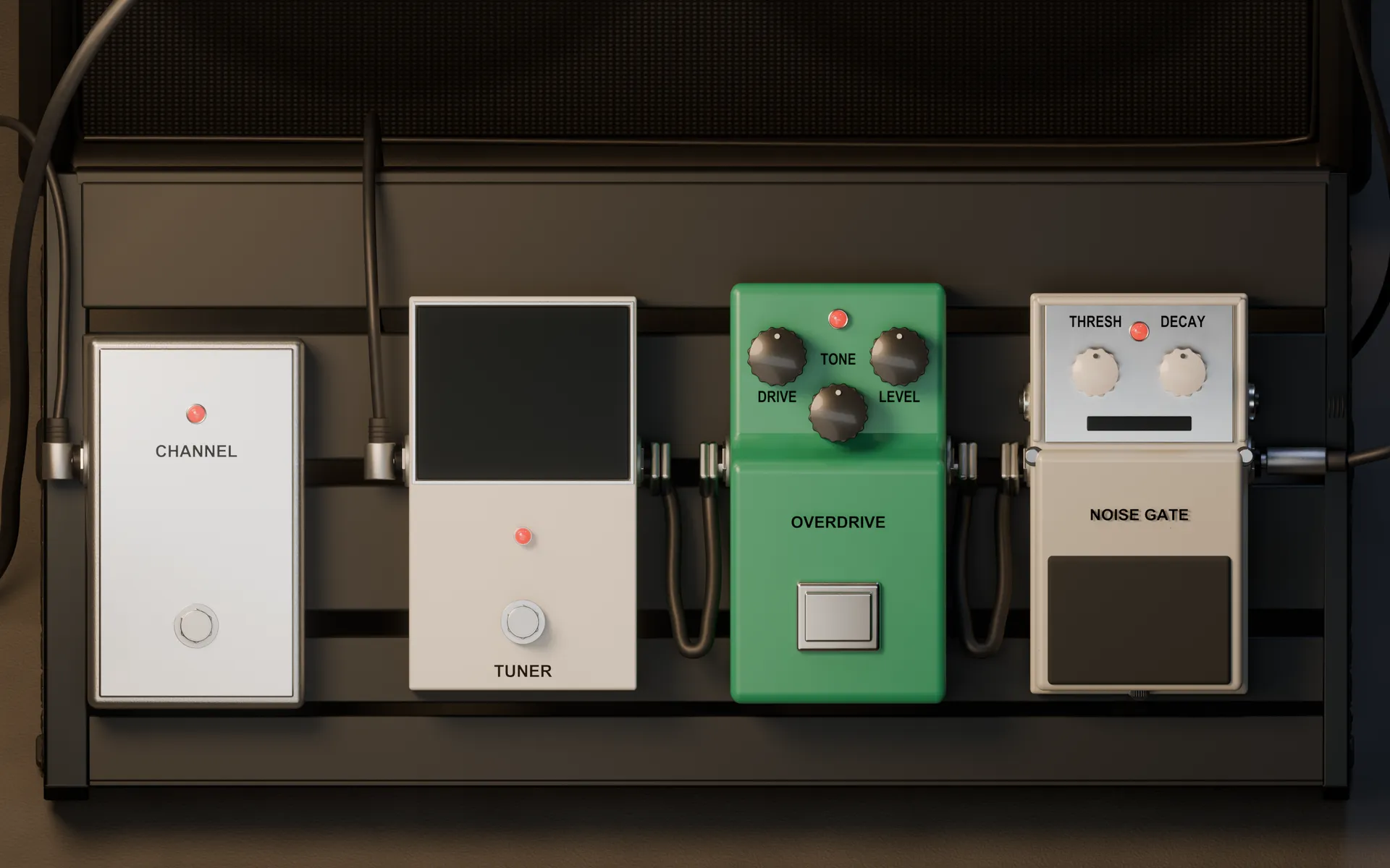 The pedalboard: channel switch, tuner, overdrive and noise gate
