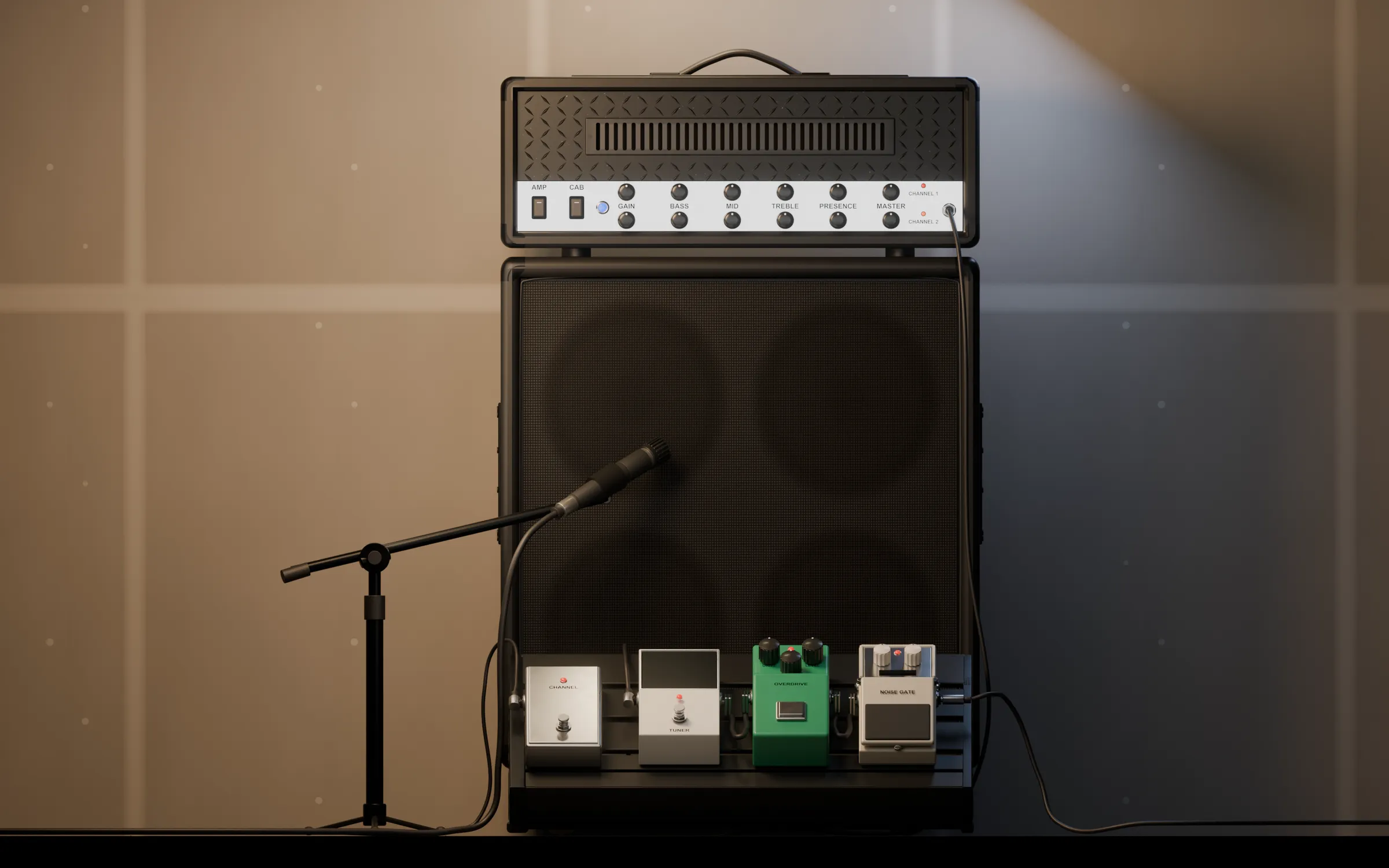 The Only Way: an amp head on a 4x12 cab under a single work light, a mic on a stand, and a four-pedal board