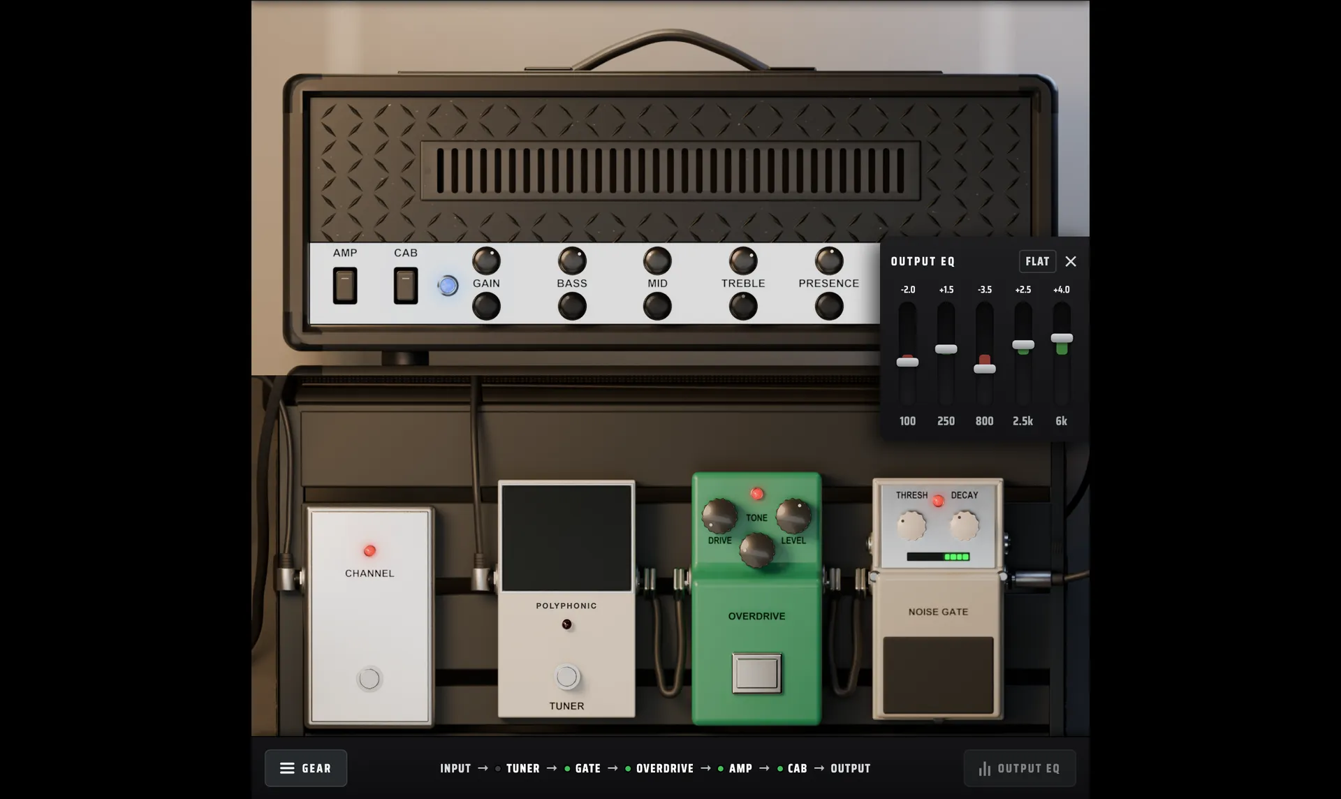 The output EQ panel open over the rig: five band sliders