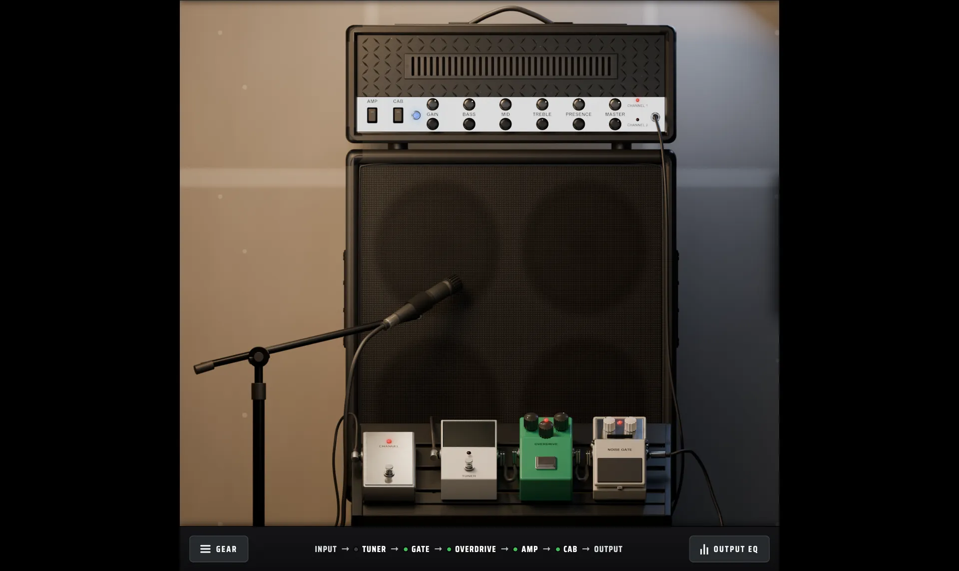 The full app: the rig on stage, the signal chain along the bottom: input, tuner, gate, overdrive, amp, cab, output