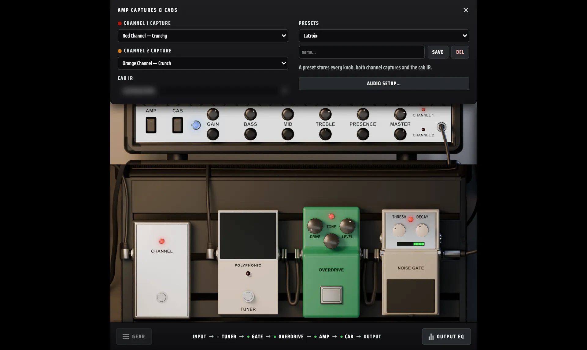 The captures and cabs panel: a capture for each channel, the cab picker, and the LaCroix preset