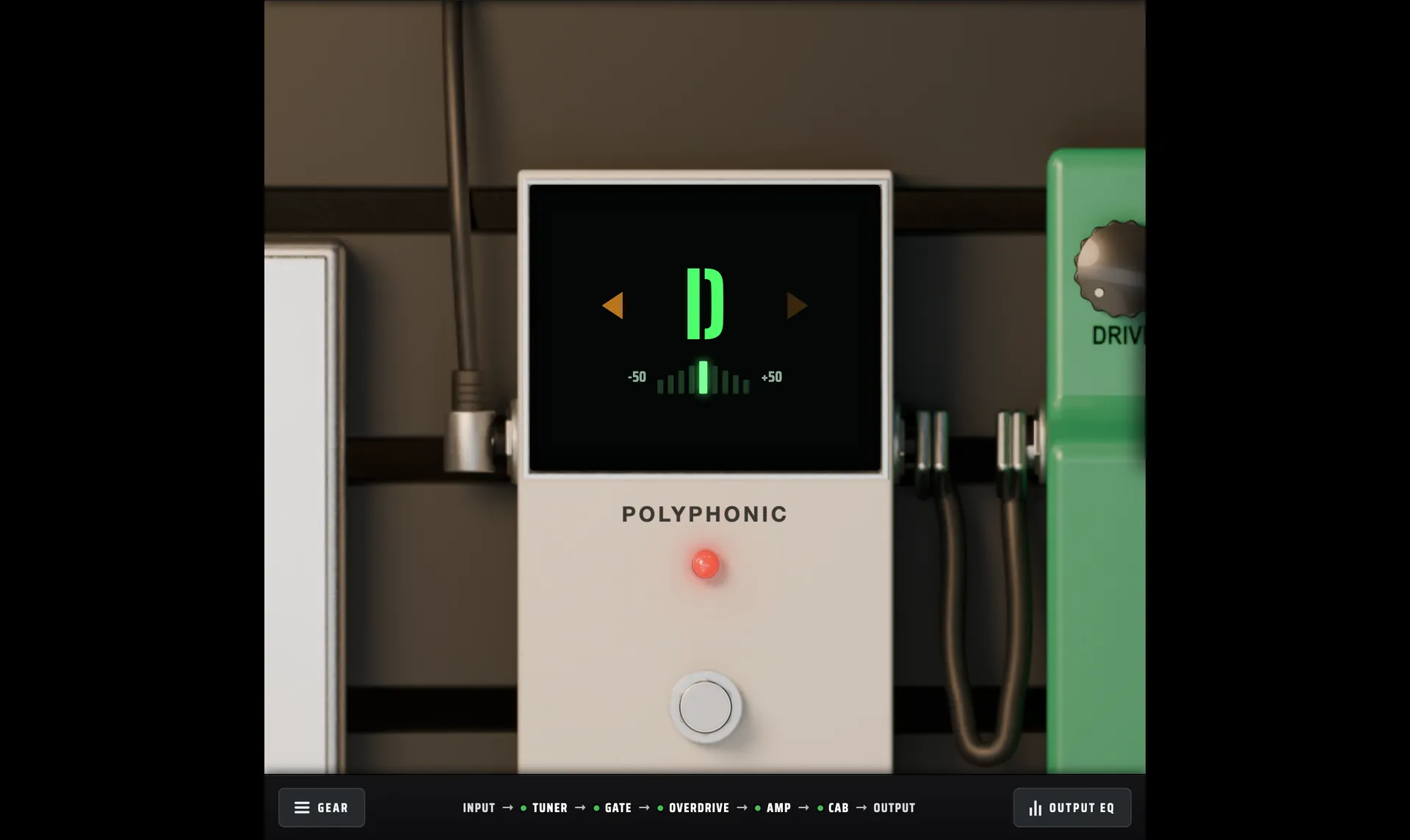 The tuner pedal close up, reading D with the needle centred