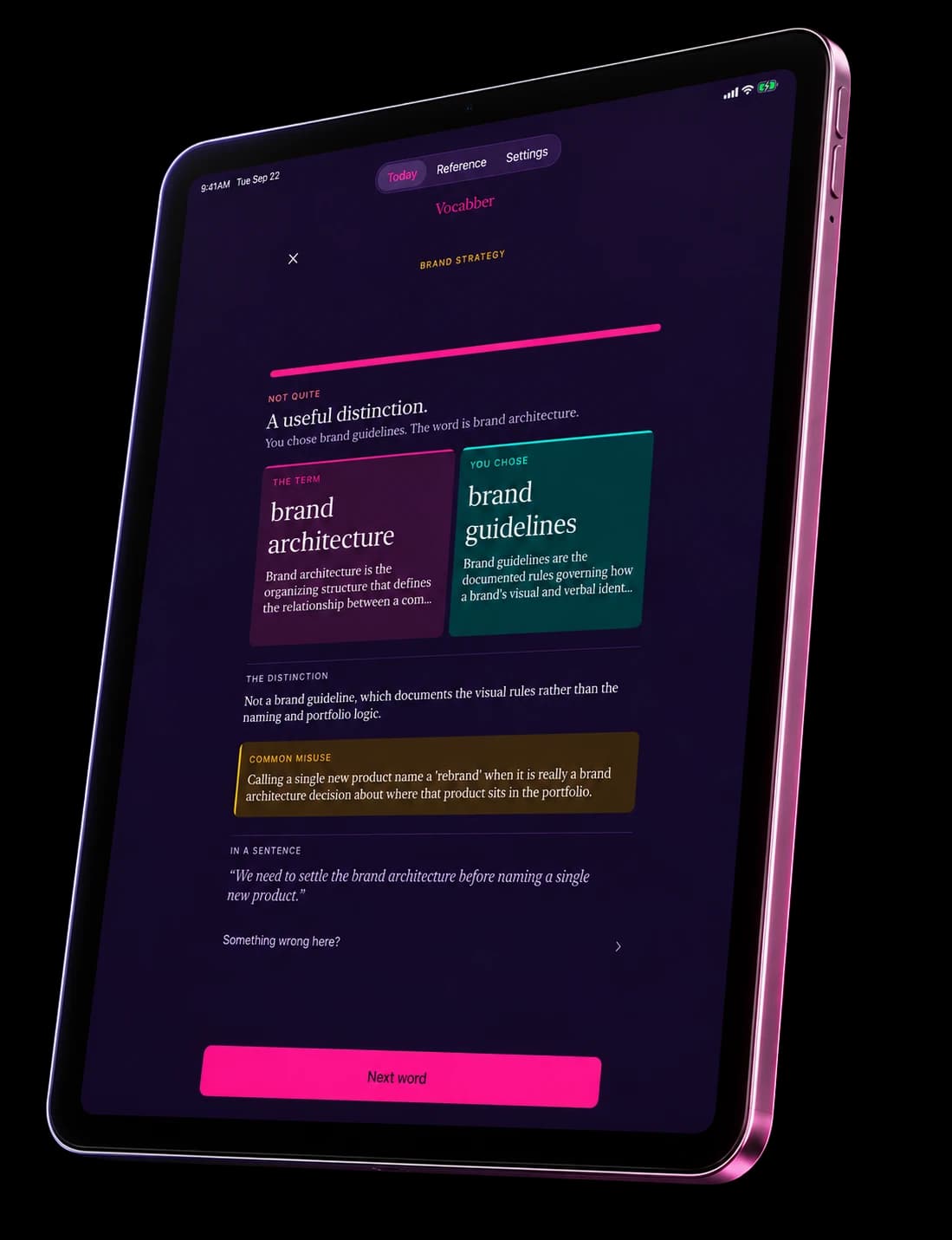 Vocabber on iPad: after a wrong guess, brand architecture and brand guidelines side by side with the distinction between them