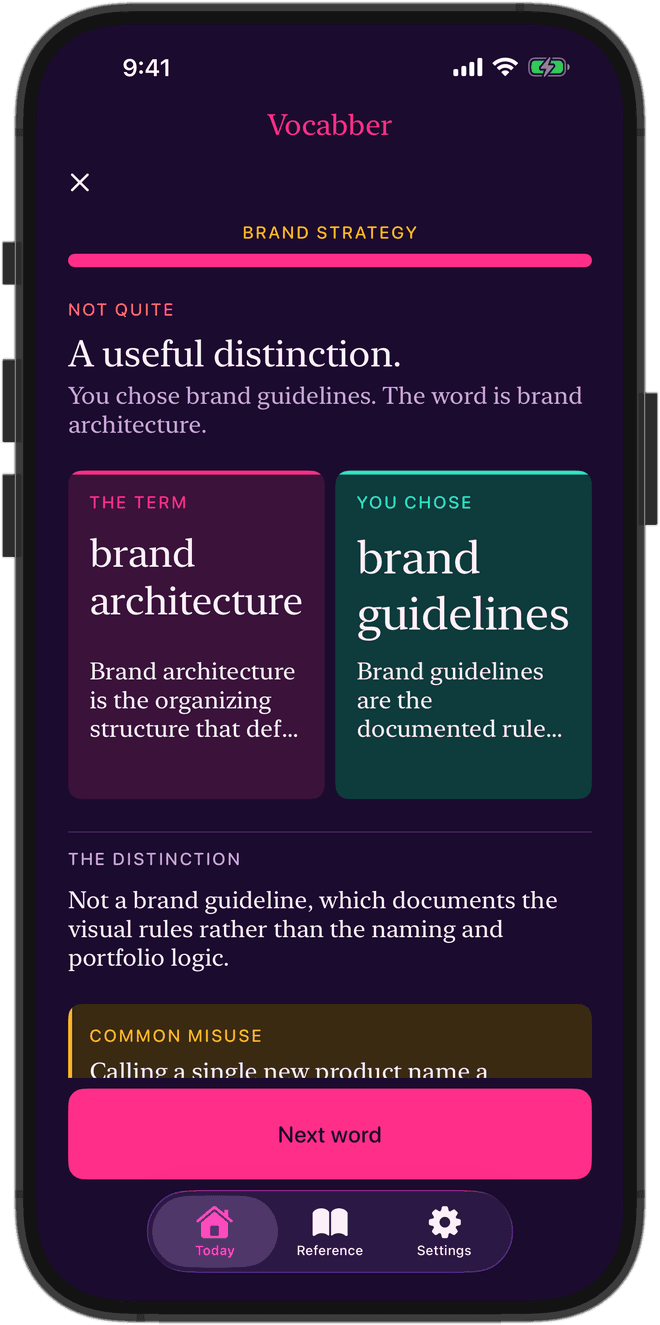 An iPhone showing a wrong answer: you chose brand guidelines, the word is brand architecture, shown side by side with the distinction between them.