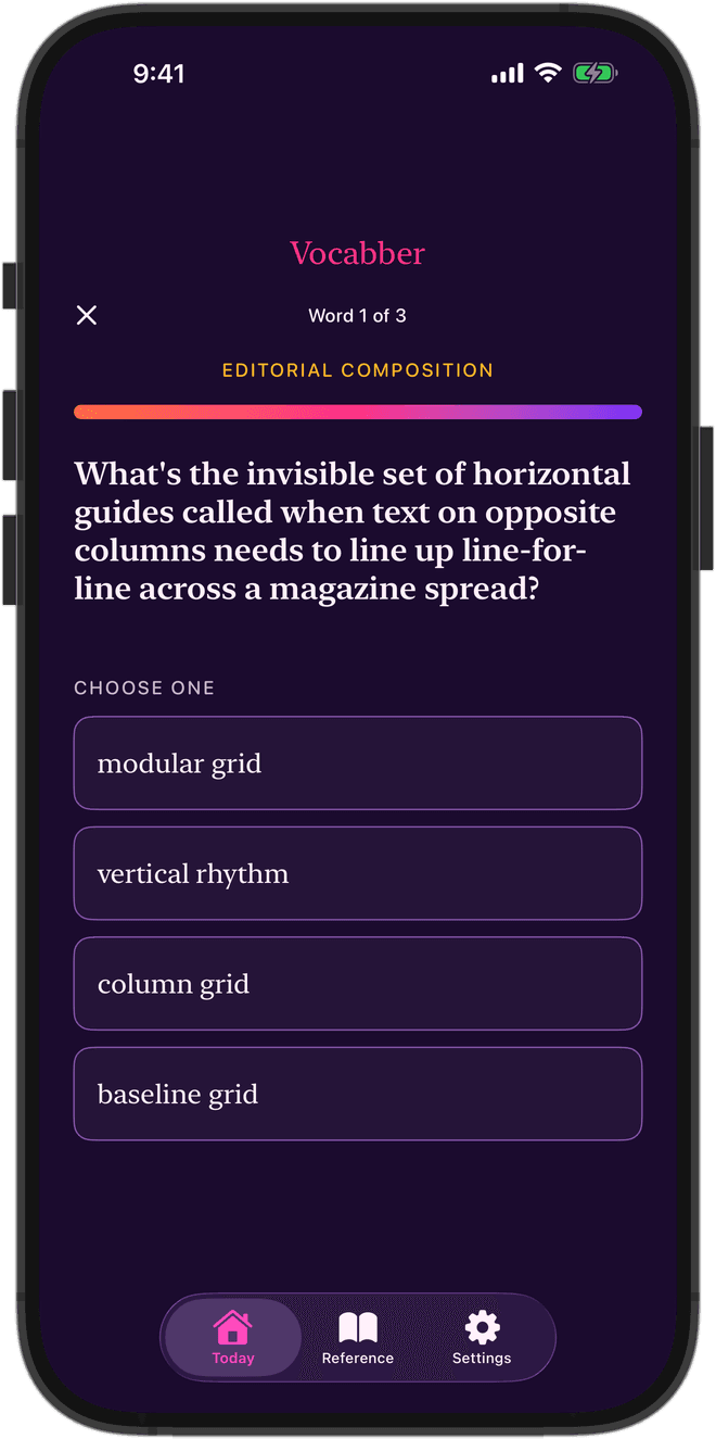 An iPhone showing Vocabber asking what the invisible horizontal guides are called when text on opposite columns lines up across a magazine spread, with four choices: column grid, modular grid, baseline grid, vertical rhythm.