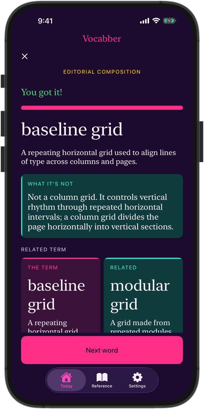An iPhone showing a correct answer: baseline grid, its definition, and a What it's not panel explaining how it differs from a column grid.
